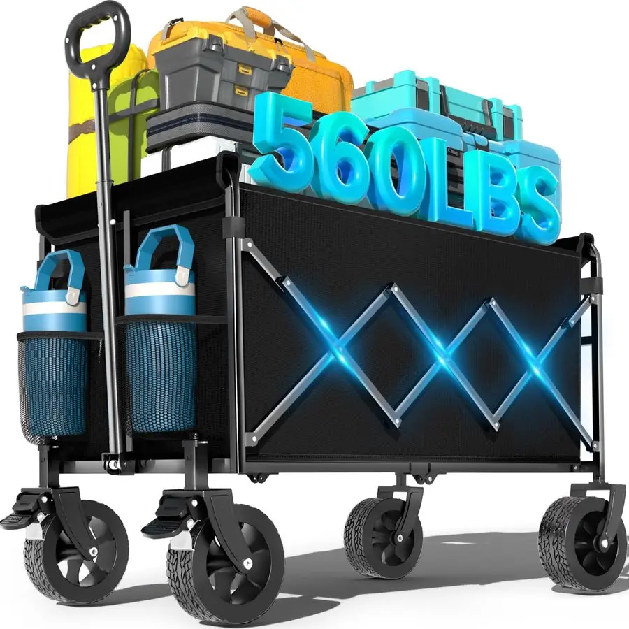 

Carts Foldable, Beach Wagon with Brakes amp AllTerrain Wheels 560LBS Capacity Collapsible Wagon for Trips, Outdoor Camping, Spor