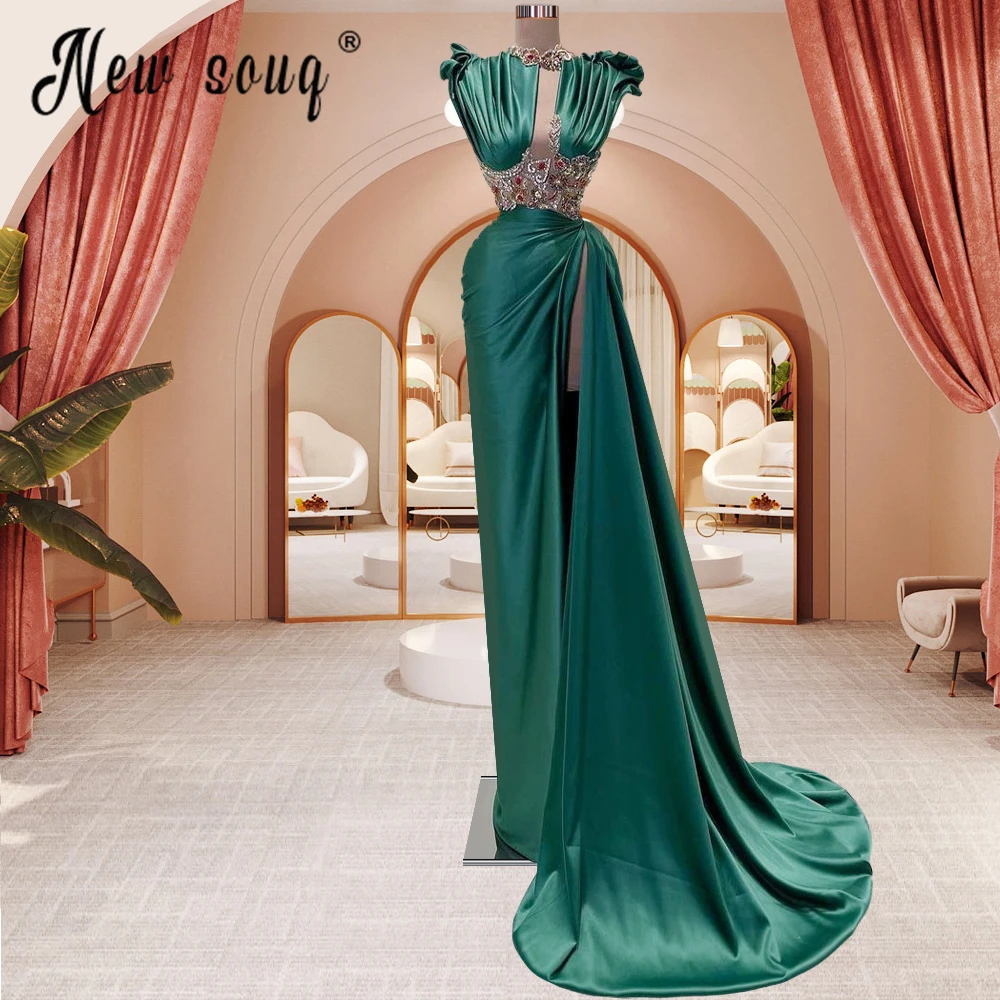 Stunning Rhinestones Party Dresses 2023 Emerald Green Cut-out Side Train Prom Gowns For Weddings Arabic Women Robes Formal Dress