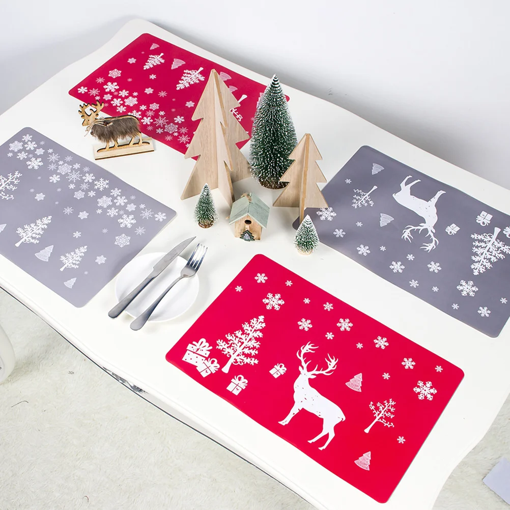 

12Pcs PVC Placemat and Cup Mat Set Christmas Grey Deer Pattern Table Protection for Dining Room Home Restaurant
