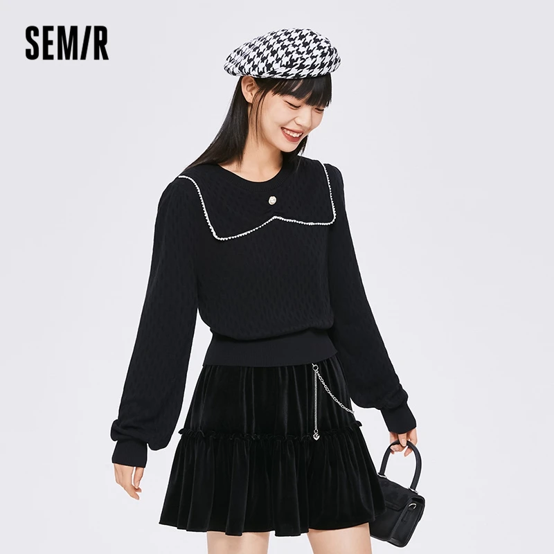 Semir Knitwear Women Short Black Jacquard Lapel Puff Sleeves 2022 Autumn New Elegant Girls Bottoming Sweater