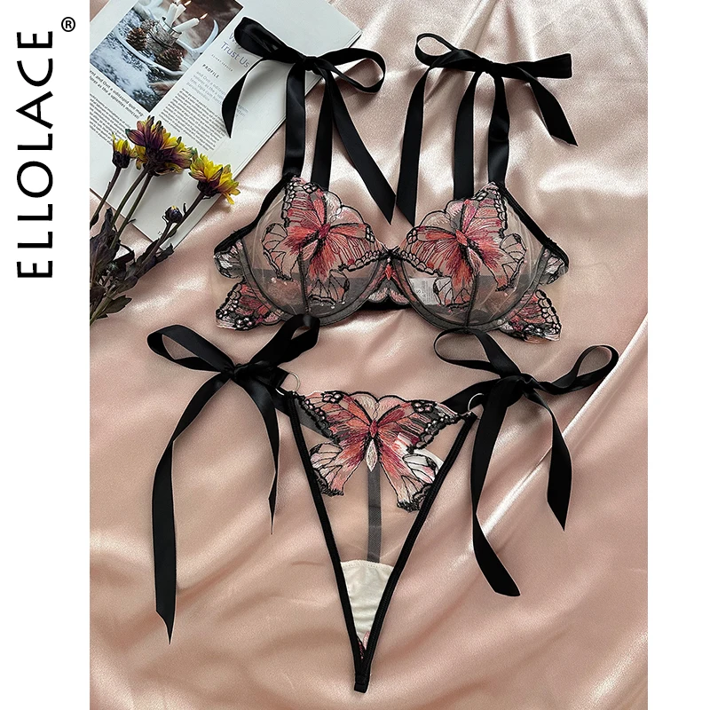 Ellolace-Lencería de mariposa, ropa interior delicada de encaje, bordado de Hada, conjuntos exóticos transparentes, lazo, ropa interior de chica