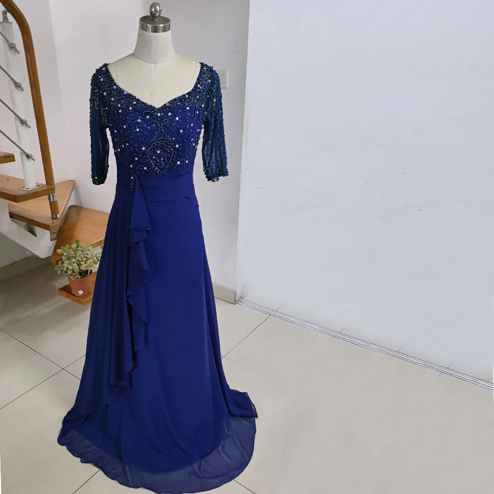 In Stock A Line Chiffon Mother of the Bride Dresses V Neck Half Sleeve Beading Wedding Guest Dress Sequin Womens Formal Wear