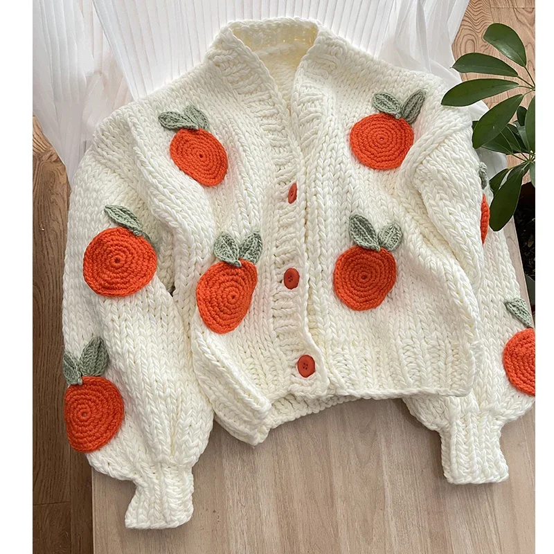 MosiMolly Handmade Orange Cardigan Sweater  Knitting Cardigan Coats Knitting Orange Patchwork Sweater Jumper Pullovers 2022