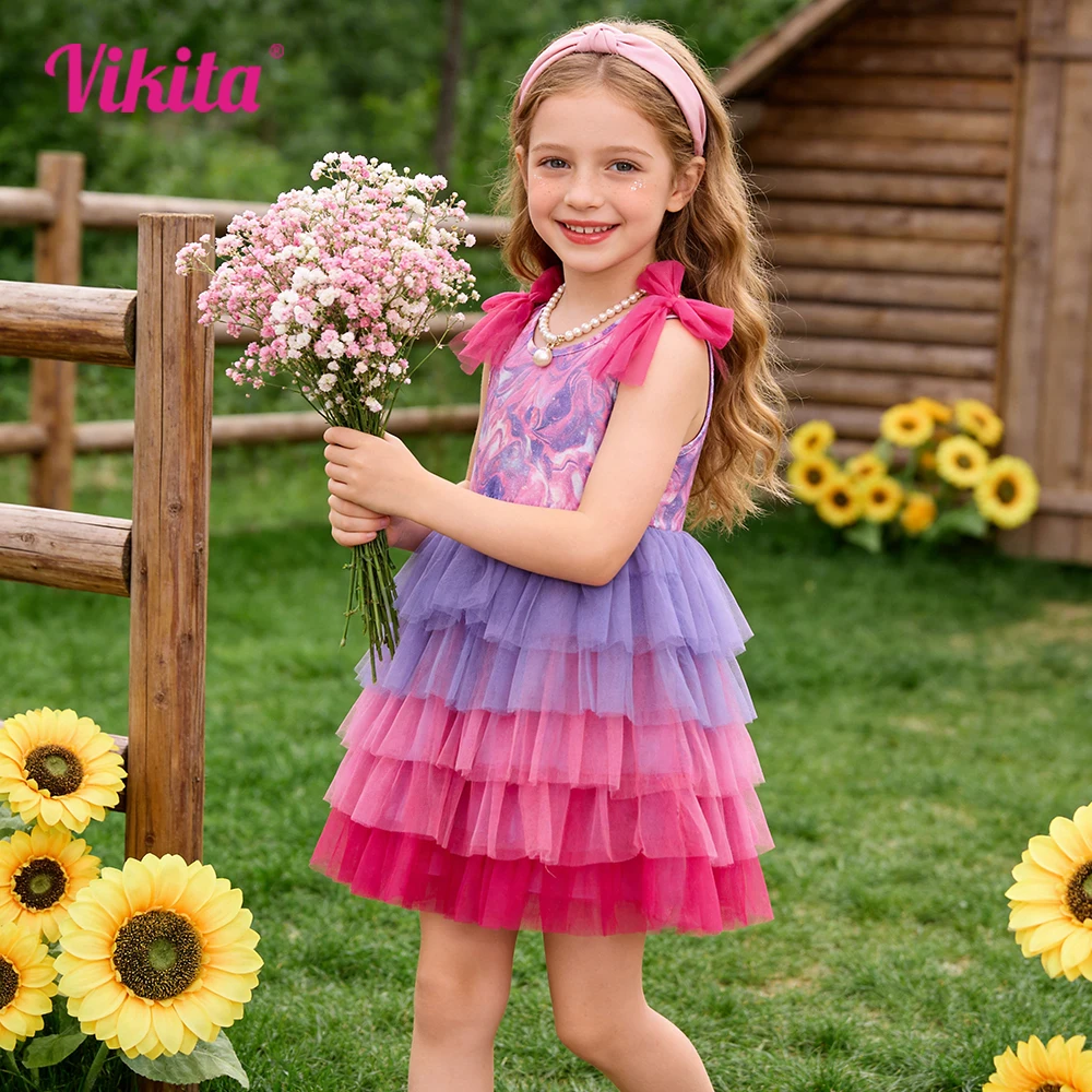 Girls Tiered Tulle Mesh Dress Pink Sleeveless Summer Dress with Bow Knot Kids Layered Birthday Party Princess Polyester Dresses