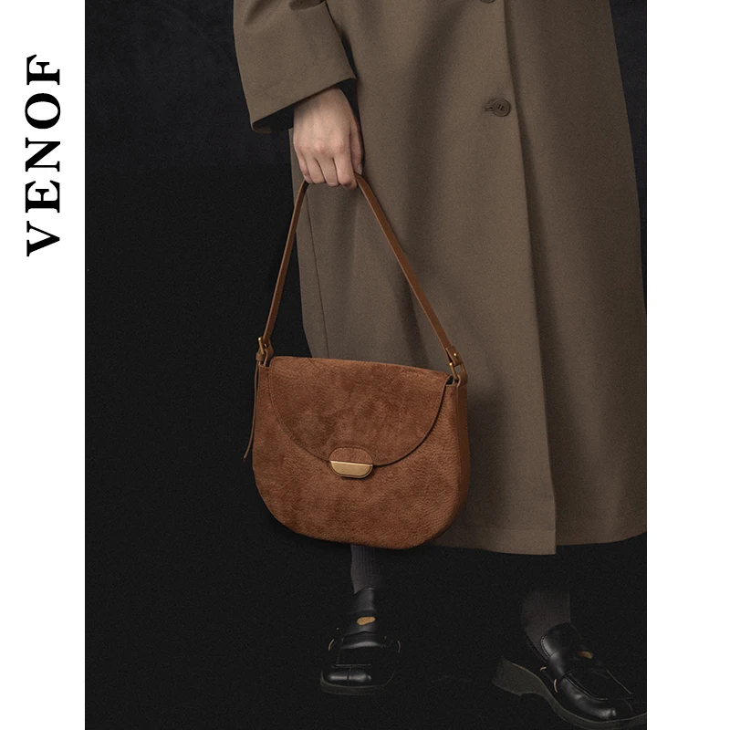 Venof 2024 New Faux Suede Bag 100%  Soft  Leather Saddle Vintiage Messenger  Large Capacity Handbag Shoulder New Woman Bag Trend