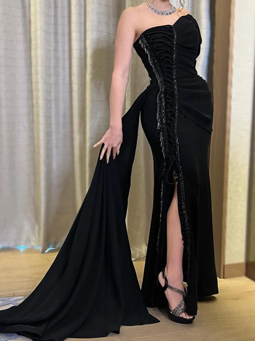 

Merida Elegant Vintage Sexy Black Mermaid Beading Ribbon Asymmetrical Strapless Formal Occasion Prom Dress Evening Party Gowns