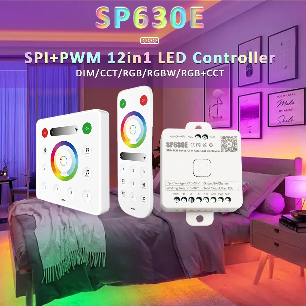 

SP630E 5V 12V 24V LED Strip Light Controller for SPI 5050 2835 White CCT RGB RGBCCT PWM Pixel Lamp Bluetooth RF Remote Control