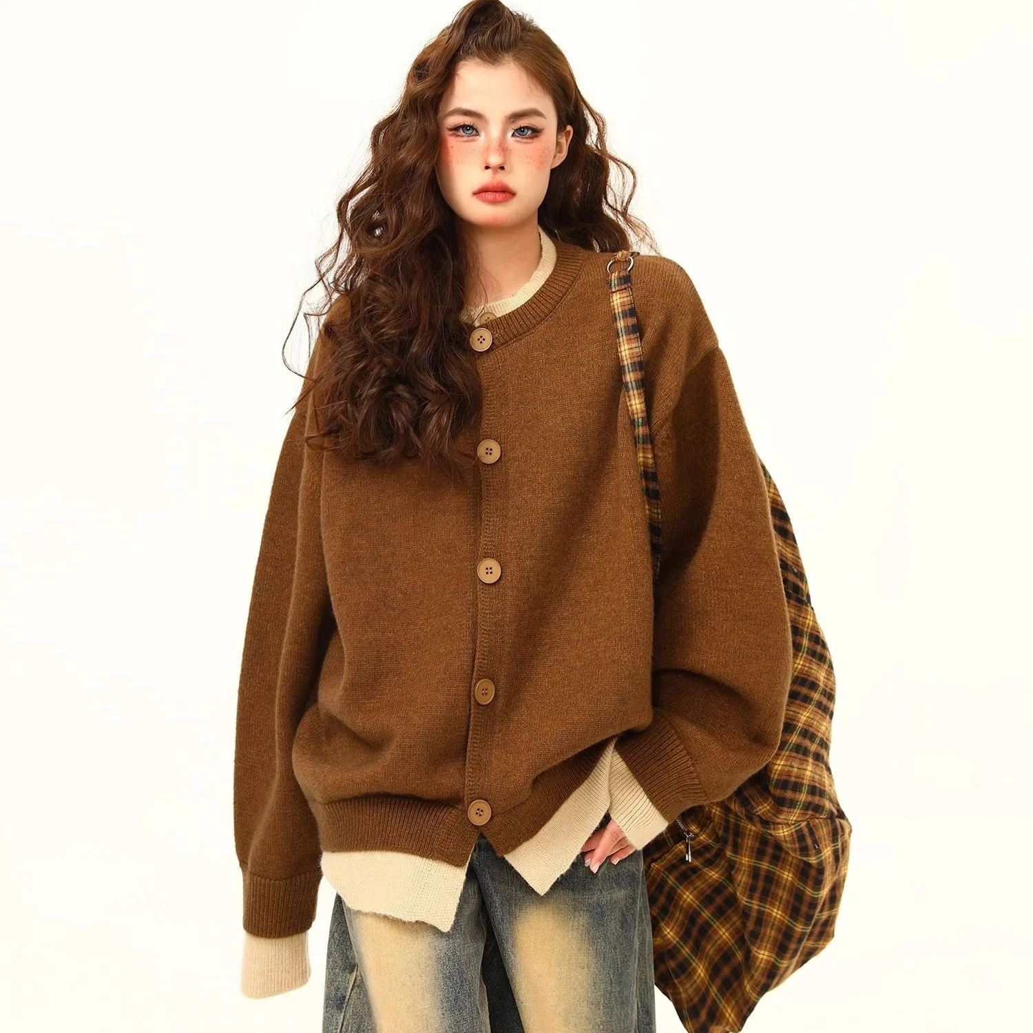 

Carefully Selected Color-Block Patchwork Fake Two-Piece Cardigan Sweater Coat For Women Winter Korean Base Knitwear Couple Style