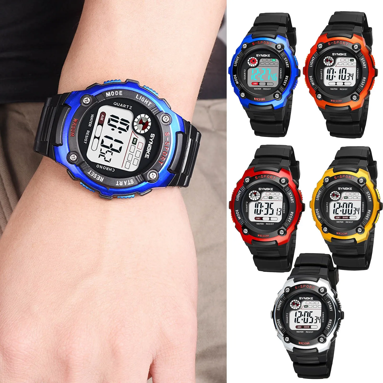 Relojes deportivos al aire libre para niños, reloj de pulsera electrónico de moda para hombres, alarma impermeable, reloj multifunción para niños