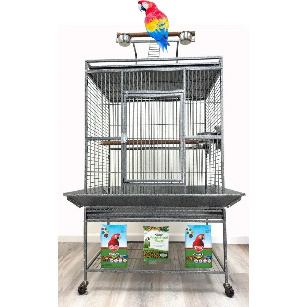

32" x 23" x 69"H Wrought Iron Bird Parrot Stand Wooden Perch Cage Walk Ladders Play Perch Stand Top Include Around Seed Guard St