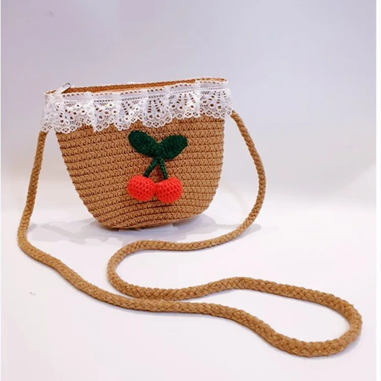 Hot Sale Summer Children Baby Girl Hand Made Plaited Straw Bag Cute Cherry Lace Single Shoulder Crossbody Bags for Kids Girls