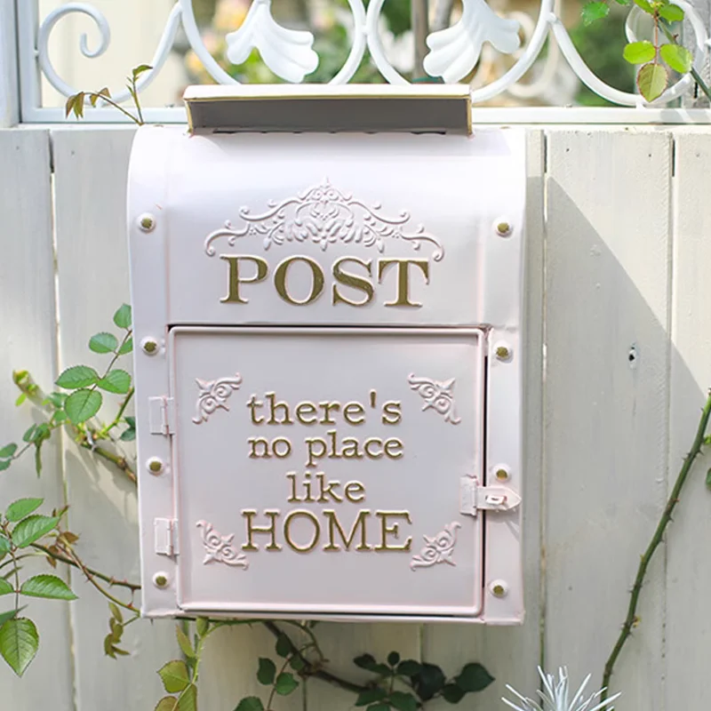 

Vintage European Wall Mounted Metal Mailbox: Rustic Post Box in Blush Pink - Rainproof & Secure - 10.2” x 4.7" x 13.8"