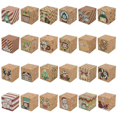 24PCS Christmas Advent Calendar Candy Box Santa Countdown Kraft Paper Gift 24 Digits Packaging