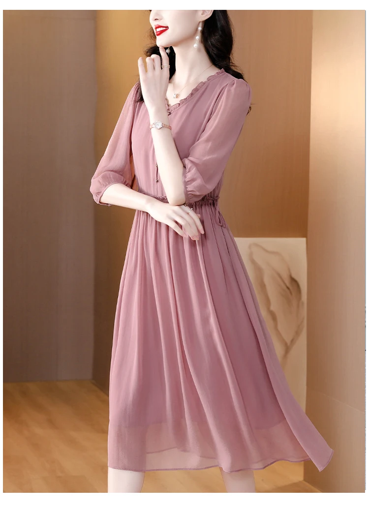 2023 Spring/Summer New Pink V-Neck Temperament Silk Skirt Solid Color Slim A-line Skirt Temperament Waist Over Knee Long Dress