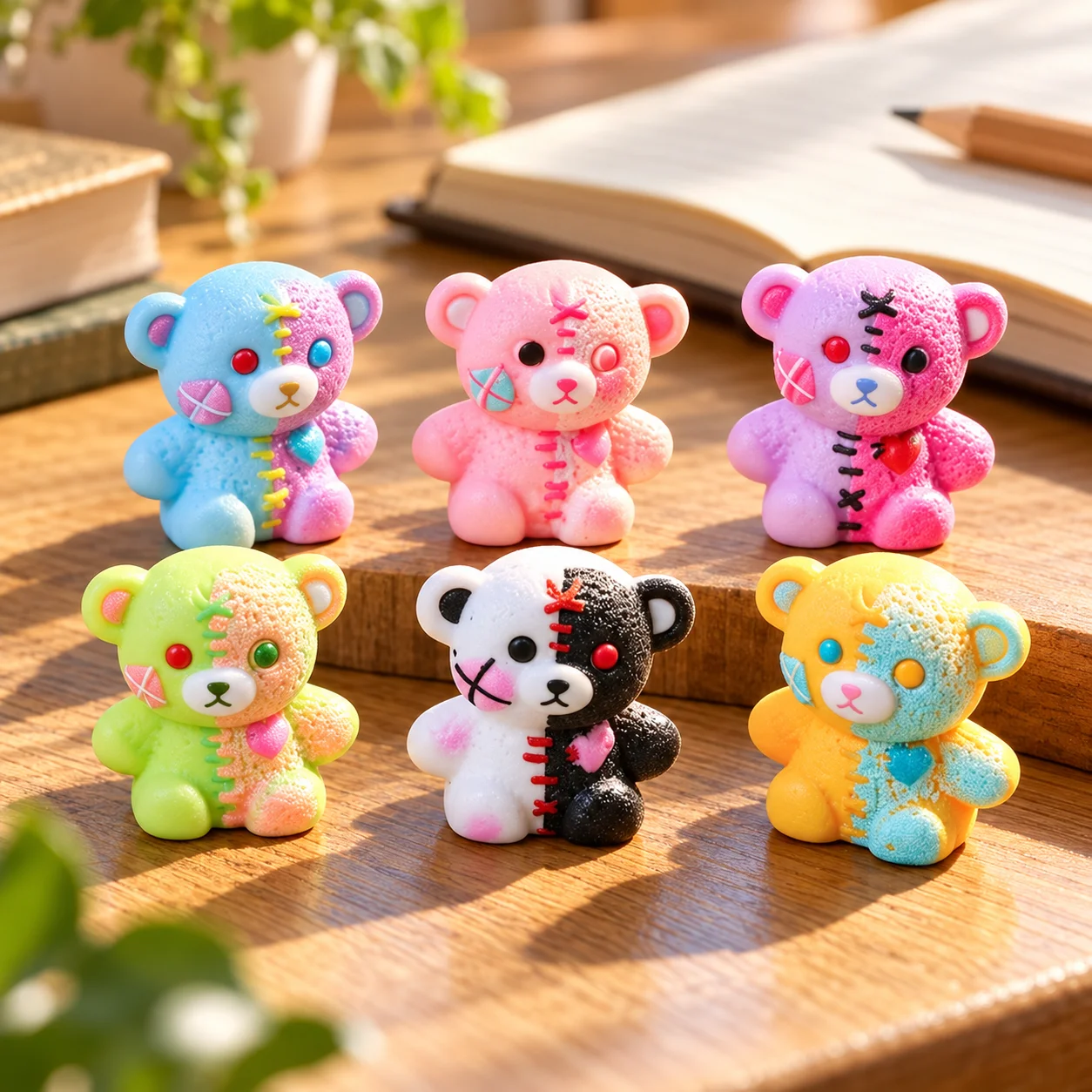 Splicing Two Color Sitting Bear Car Ornament DIY Accessories Trendy Cool Bear Doll Ornament Desktop Decoration 6-piece Set