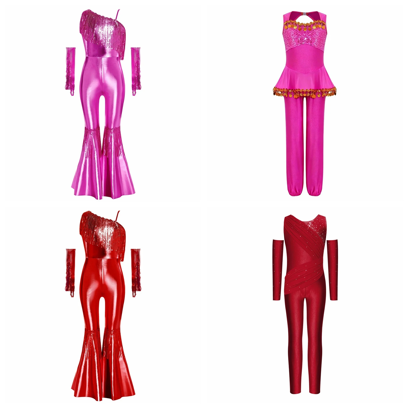 Kids Girls Asymmetrical Sleeve Skating Costume Gradient Ballet Dance Leotard Feather Trim Bodysuit Rhythmic Gymnastics Jumpsuit