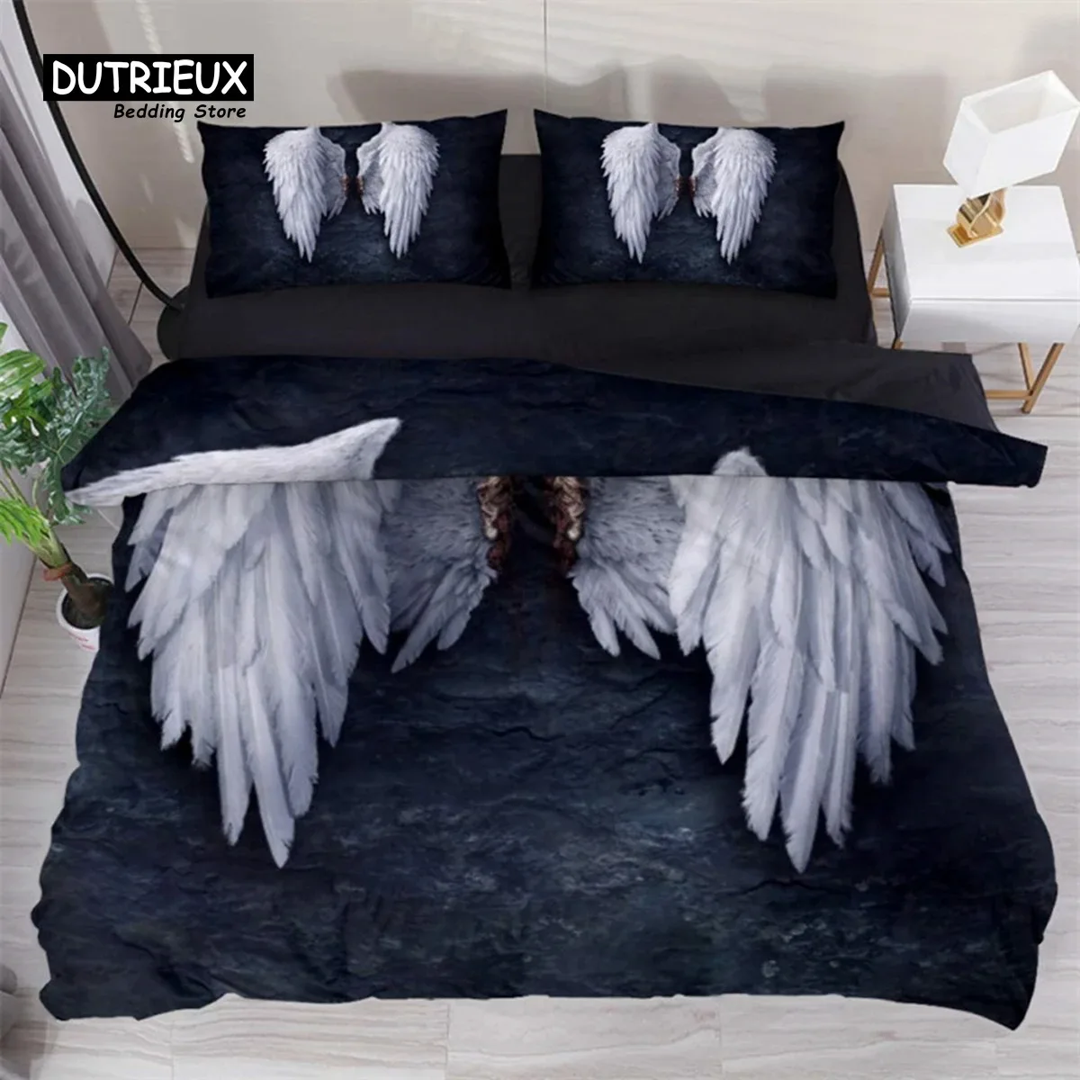 Angel Wings Duvet Cover Set King For Kids Girl Teen Room Decor Abstract Cartoon Art Print Bedding Set Microfiber Comforter Cover