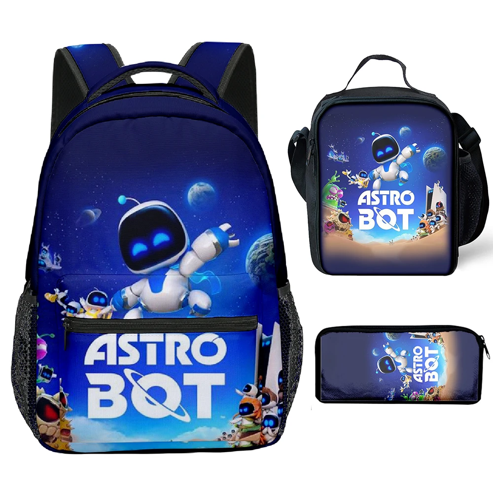 Trendy Youthful Funny astro bot 3D Printed 3pcs/Set Student School Bags Laptop Daypack Backpack Crossbody Lunch bag Pencil Case