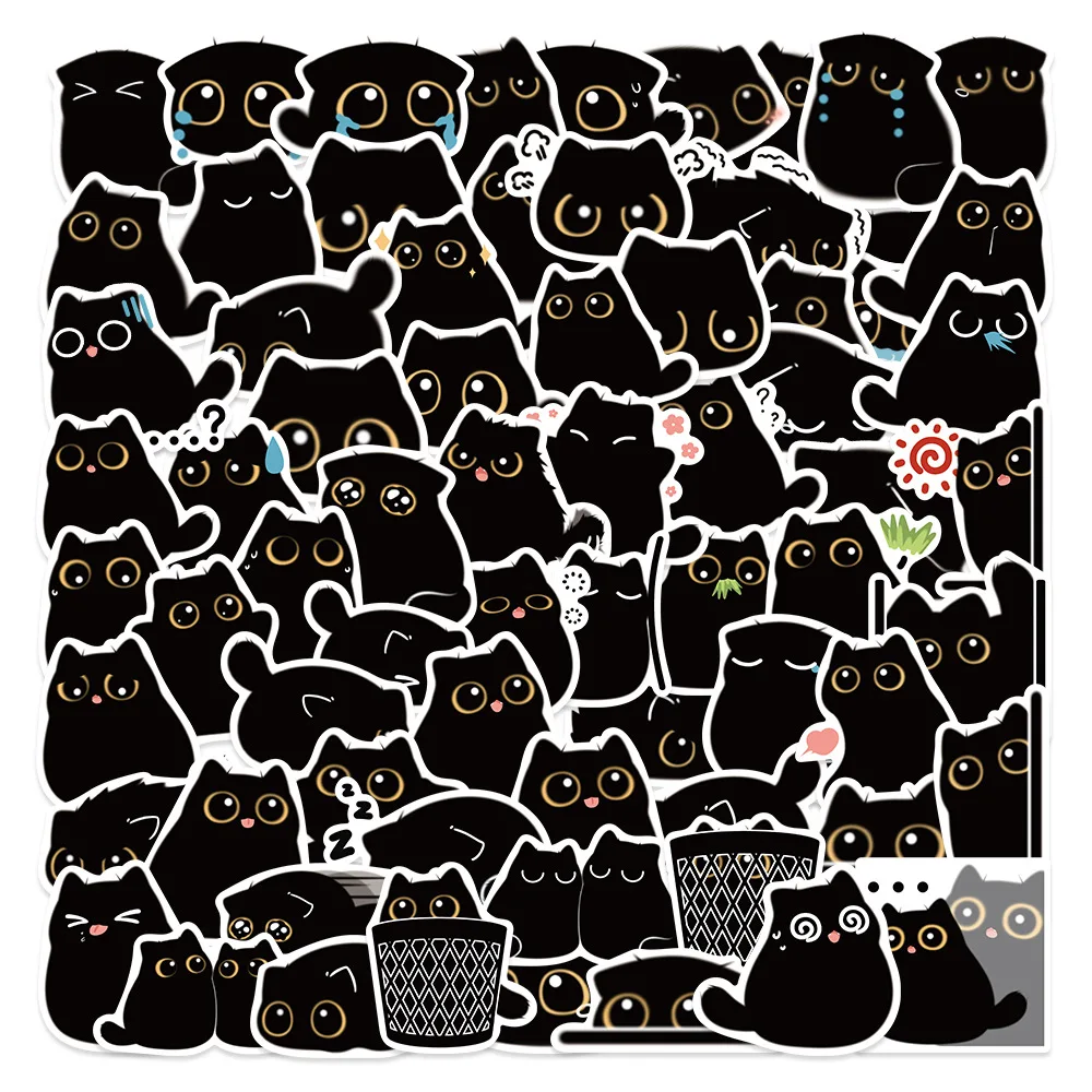 Pegatinas Kawaii de gato negro, calcomanías de dibujos animados para cuaderno, guitarra, portátil, motocicleta, equipaje, grafiti, juguete, 10/30/50/80 piezas