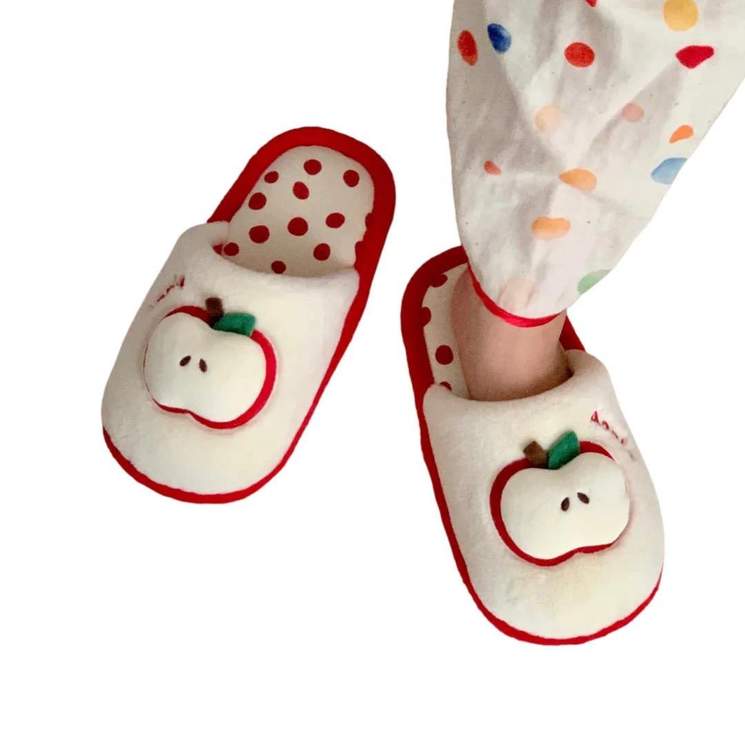 Winter New Ins Style Women's Slippers Cute Little Apple Cotton Student Indoor Anti Slip Warm Furry Maternity Shoes