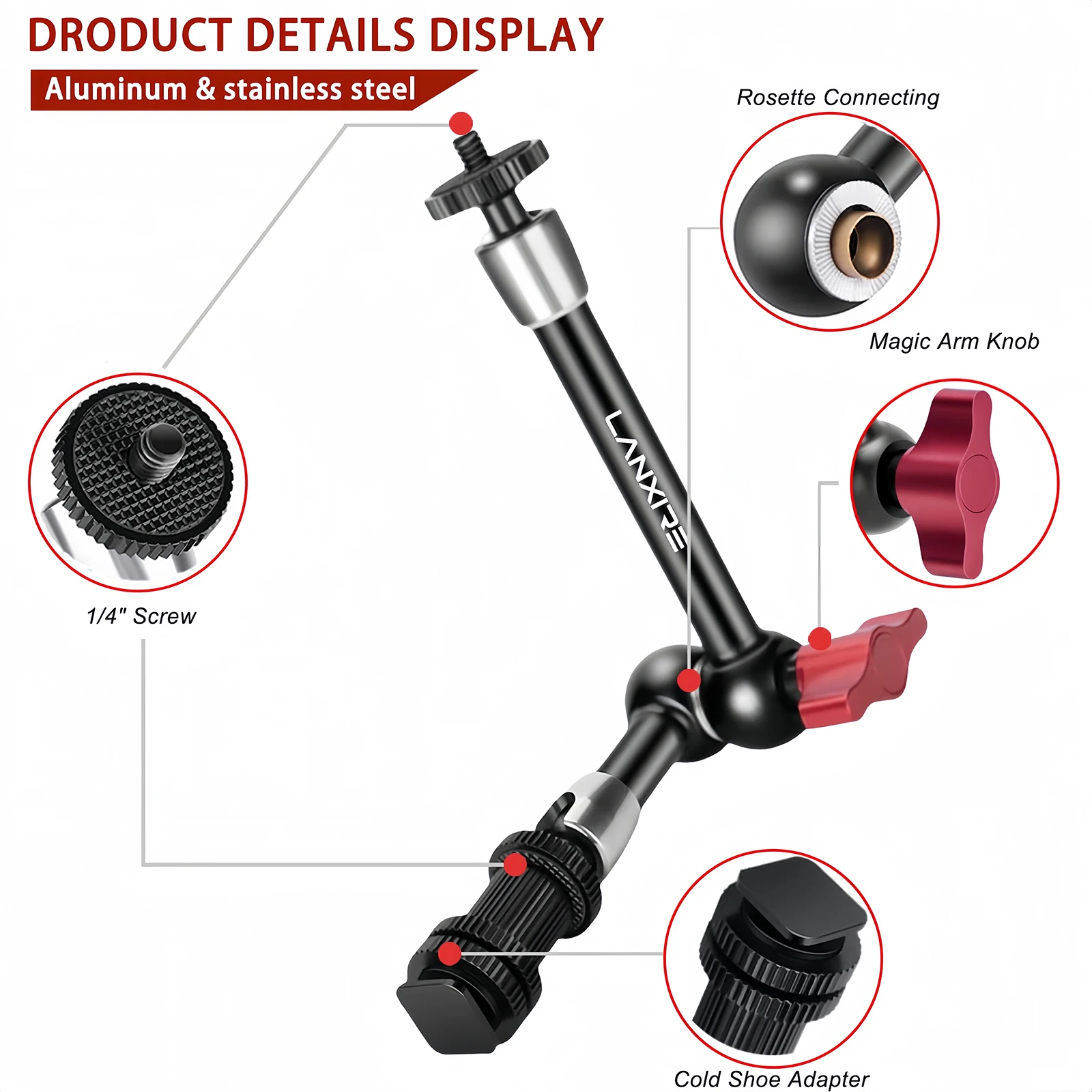 LANXIRE Ajustável Fricção Braço Mágico com 1/4 "Parafuso e Sapata Fria Mount, Adaptador para Camera Cage, Monitor, Flash Light, 9"