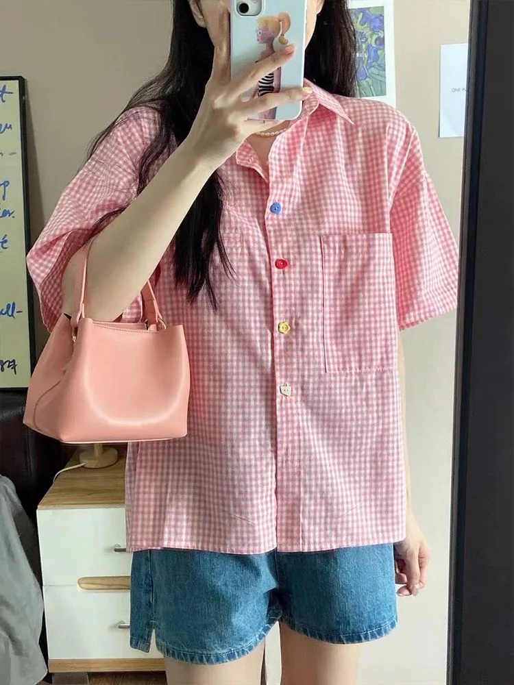 Y2k Aesthetic Pink Plaid Short Sleeve Women Blouse Loose Summer Blusas Vintage Japanese All Match Turn Down Collar Tops