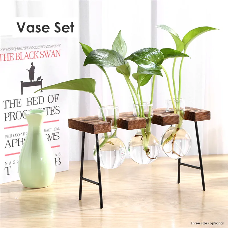 Glass and Wood Vase Planter Terrarium Table Desktop Hydroponics Tray Home Decor Plant Bonsai Flower Pot Hanging Pots with Wooden