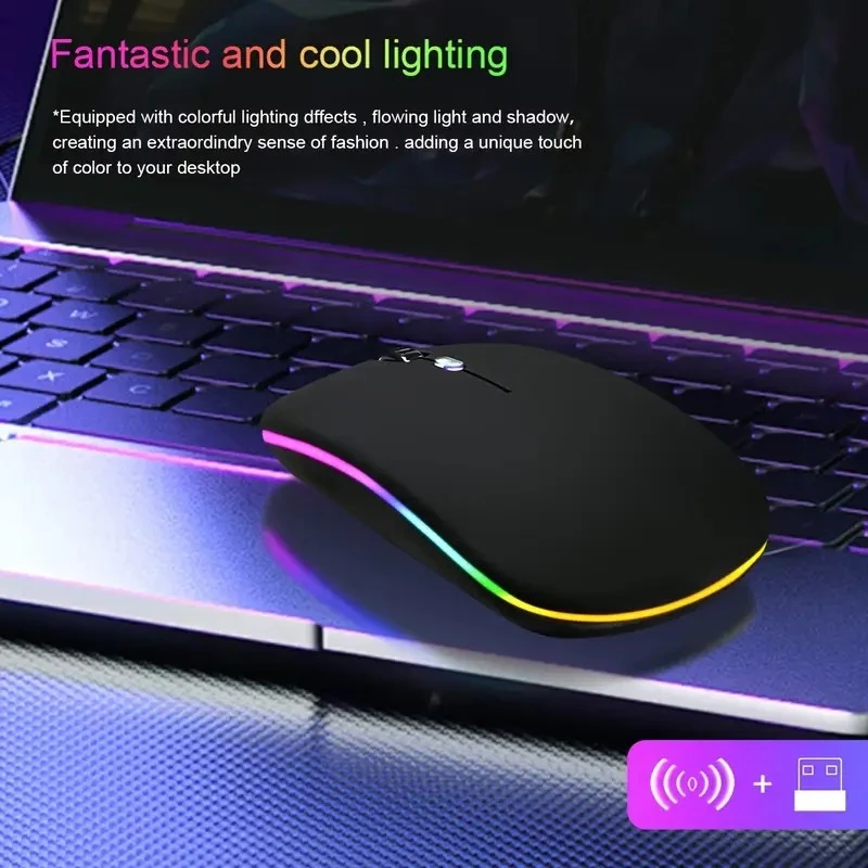 

Беспроводная игровая мышь RGB с бесшумным щелчком, перезаряжаемая, 2400 точек на дюйм, эргономичный дизайн, настраиваемое освещение, USB, длинный аккумулятор
