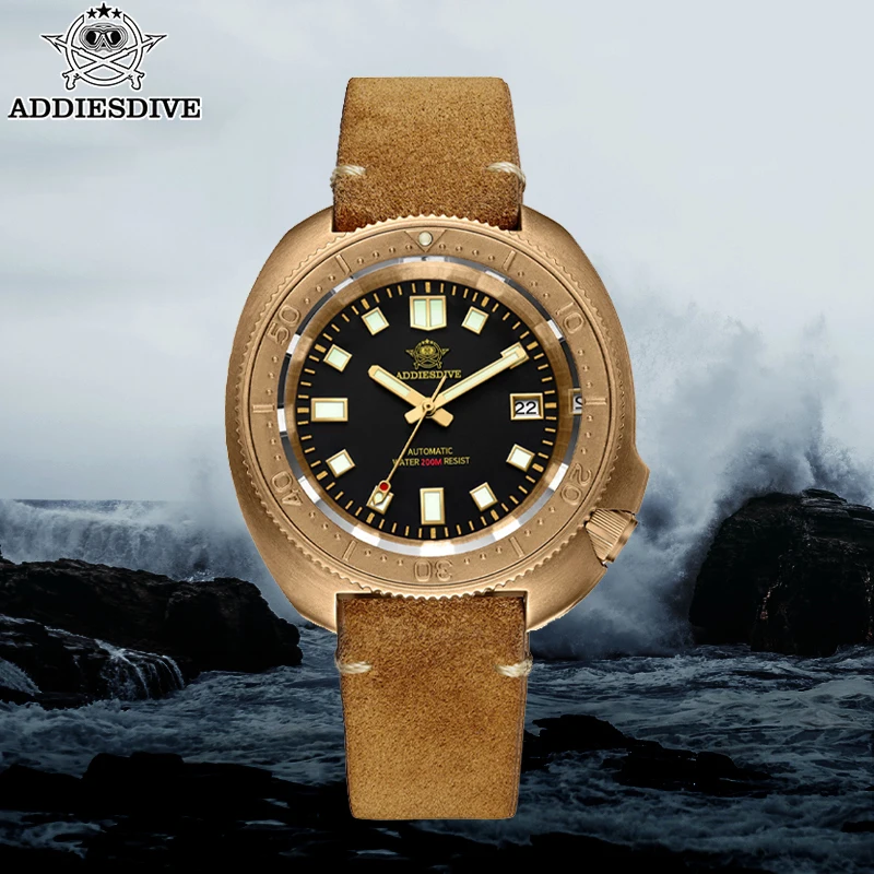 ADDIESDIVE Men‘s Bronze Automatic Watches Sapphire Glass Leather Analog Wristwatch Waterproof C3 Super Luminous Mechanical Watch