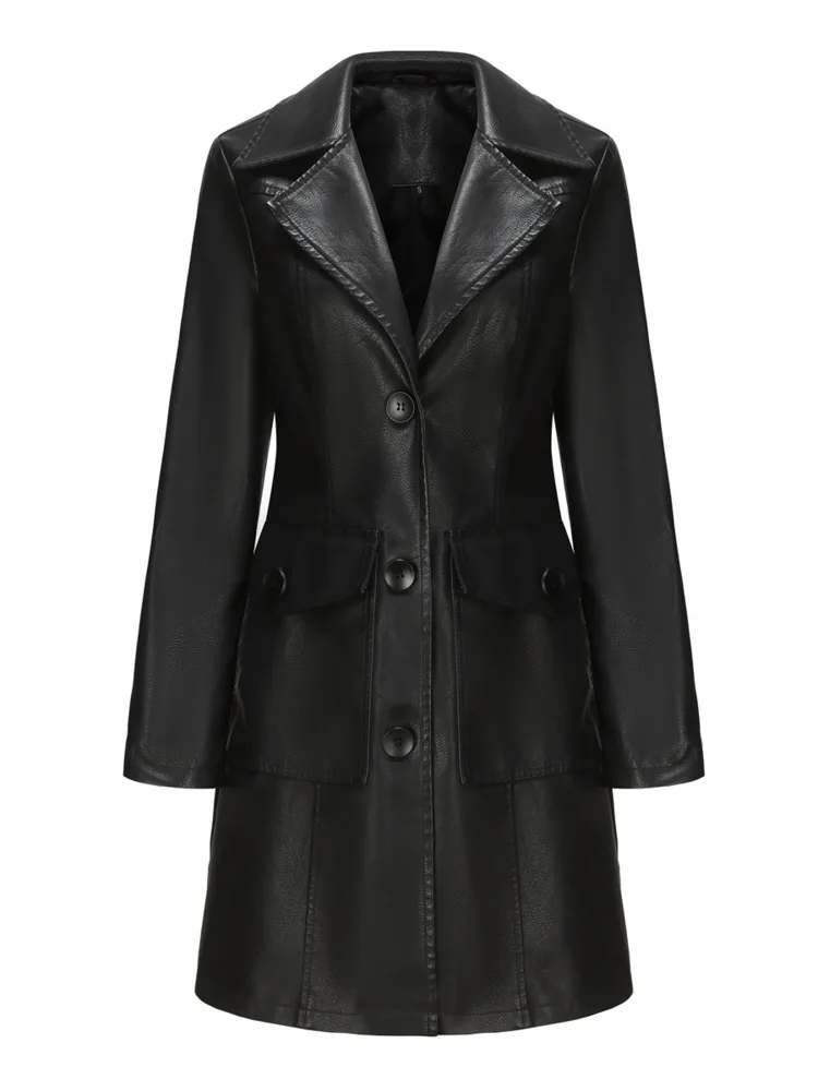 

New In Autumn Winter Fashion Black Long Leather Jacket Women 2023 Elegant England Style Trench Coat Single Breasted Outerwears