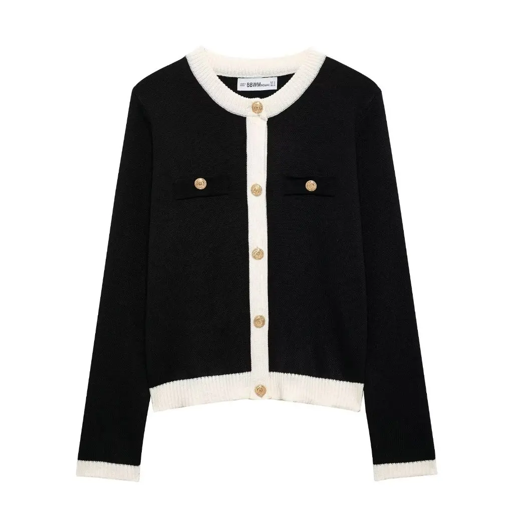 

European And American Fashion Metal Breasted Long Sleeve Knitted Jacket Top for Women Spring Autumn New A35369
