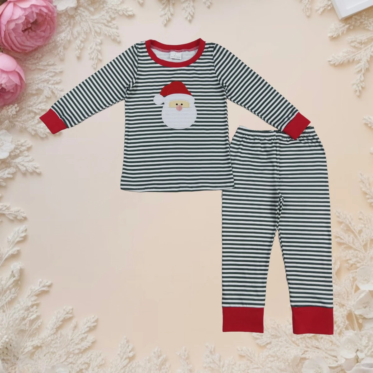 

Christmas Boys Pajamas Kids Set Toddler Santa Embroidery Black White Striped Long Sleeve Top and Pants Baby Sleepwear Set