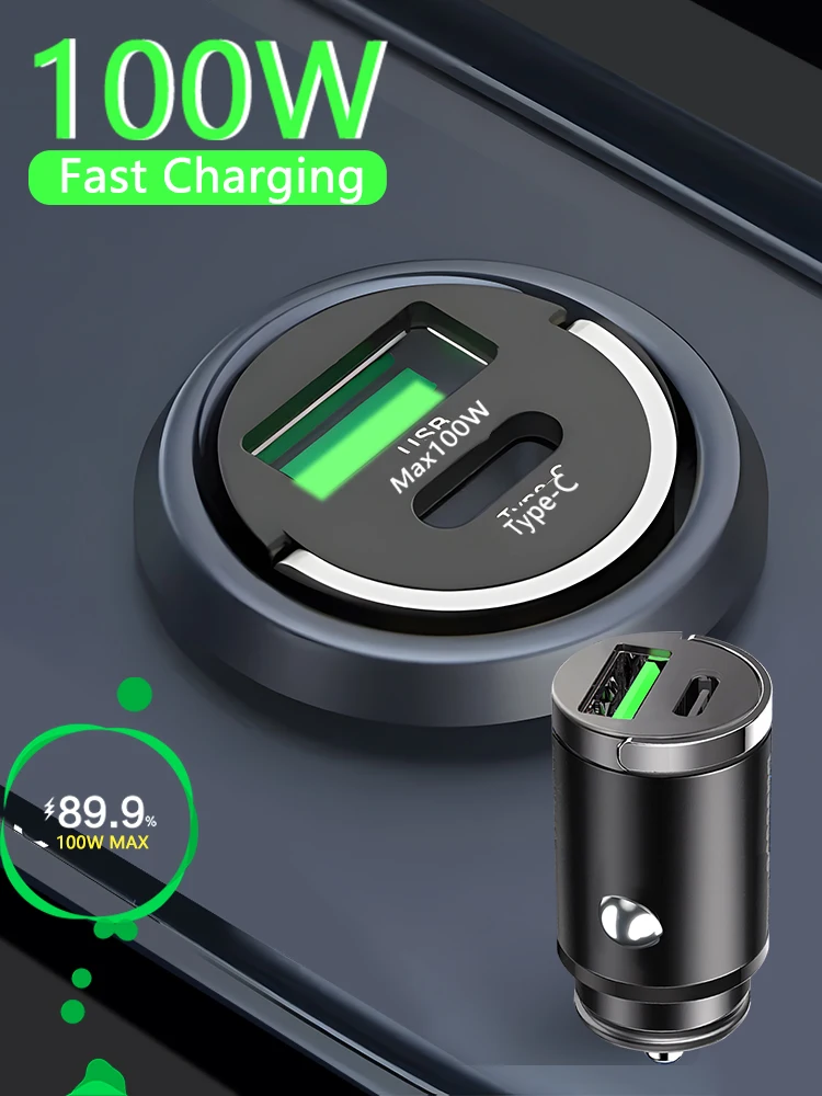 Szybka ładowarka samochodowa 100W do zapalniczki, kompatybilna z iPhone QC3.0, Mini PD USB Type C, do telefonów Xiaomi, Samsung, Huawei — 2