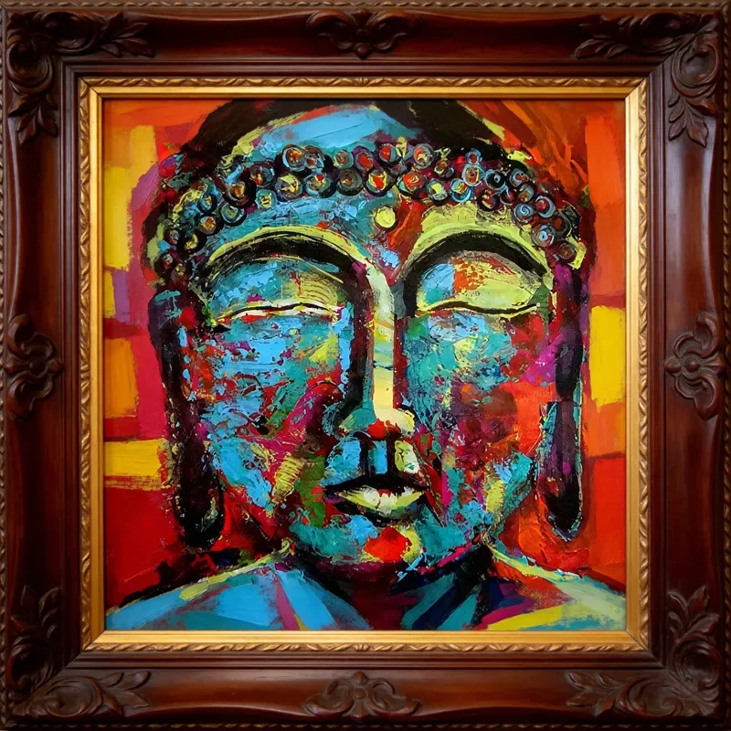 Modern Art Decor Buddha Head Portrait Wall Artwork Hand Painted Acrylic Oil Canvas Hanging B&C Art Support Base Colorful