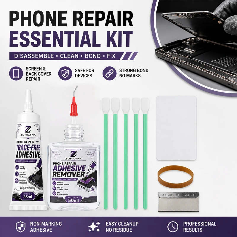 Smartphone Screen Repair Kit Glue Dissolver Remover 50ml and Clear Fixing Adhesive 25ml with Razor Blade Cleaning Swabs Set