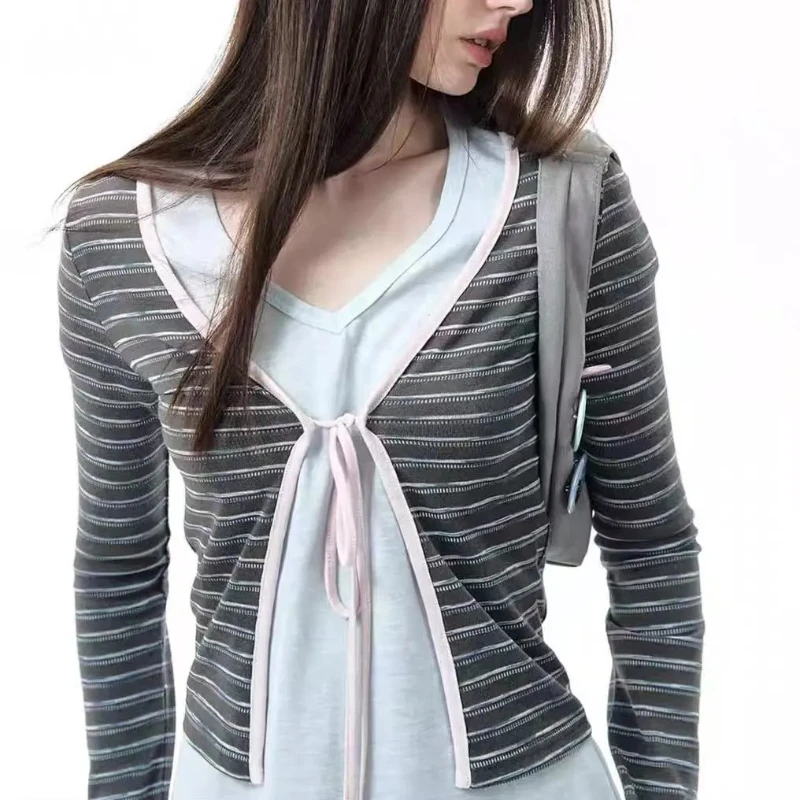 

Vintage Contrast Color Striped Cardigan Women 2025 Autumn Lace Up Slim Fit Long Sleeve T-shirts Y2k Versatile Crop Top