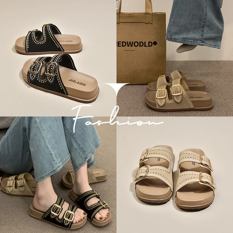 

Модные женские шлепанцы 2026: Хит продаж, с пряжкой, на плоской подошве, удобные, легкие, увеличивающие рост, летние пляжные сандалии