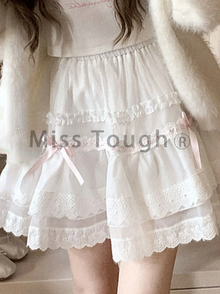 Lace Mesh Retro French Sweet Skirt Women Summer New Cute Princess Skirt Female Bow Solid Gauze High Weight Y2k Mini Skirt 2024