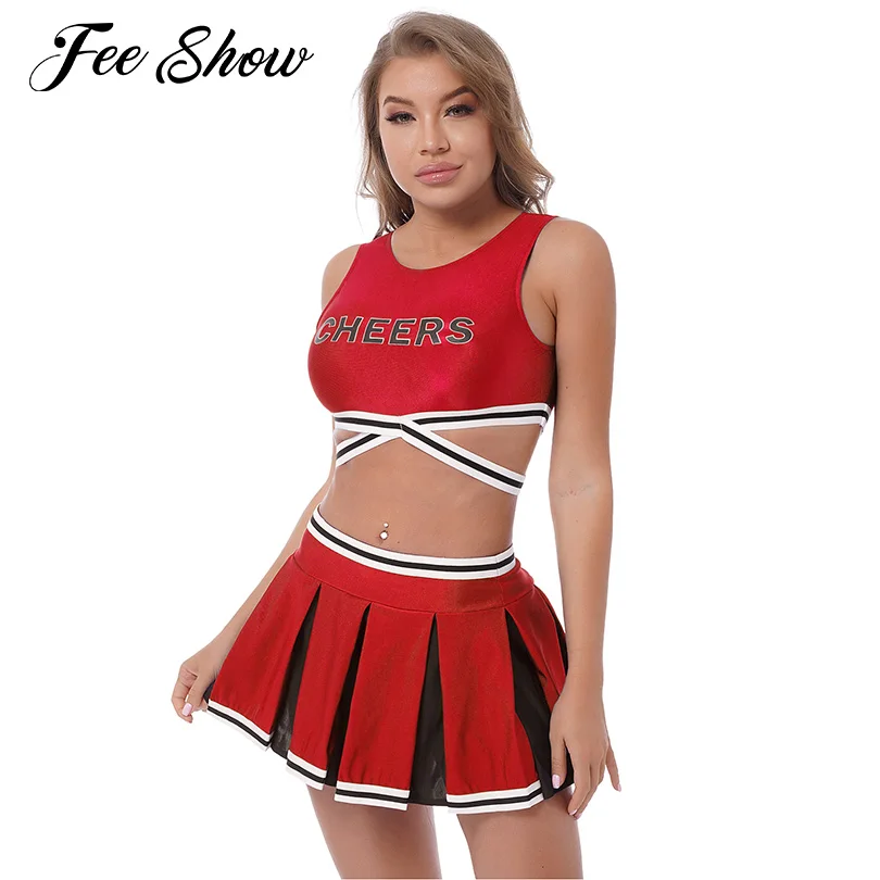 Women Adults Cheerleading Uniforms Cosplay Costume Cheerleader Outfit Crop Top with Pleated Skirts Team Sports Dance Performance