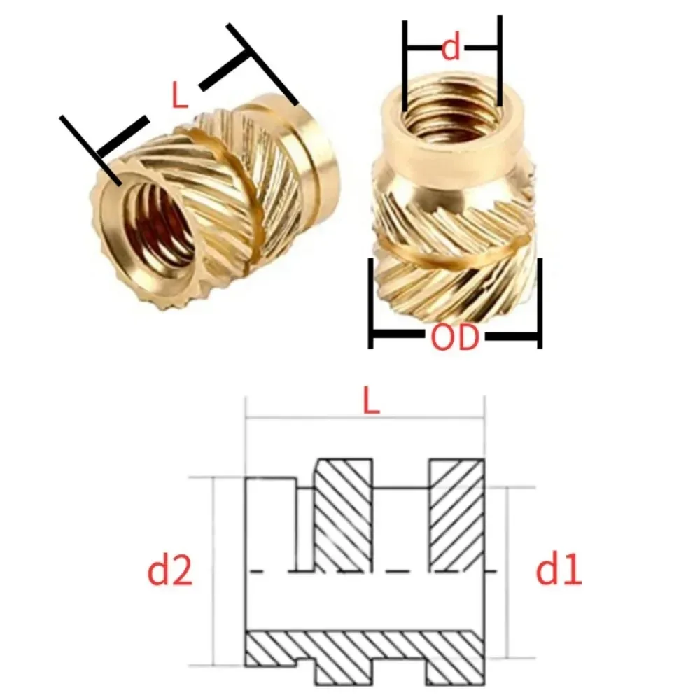 النحاس مخرش إدراج الجوز M1 M1.4 M1.6 M1.7 M2 M2.5 M3 M4 M5 M6 M8 تذوب الحرارة صب تضمين النحاس لحقن المعادن البلاستيكية #2