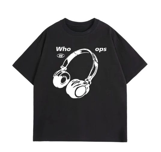 

Модная футболка унисекс из 100% чистого хлопка 2025 года с узором для наушников и футболка с буквенным принтом Who Ops для мужчин и женщин