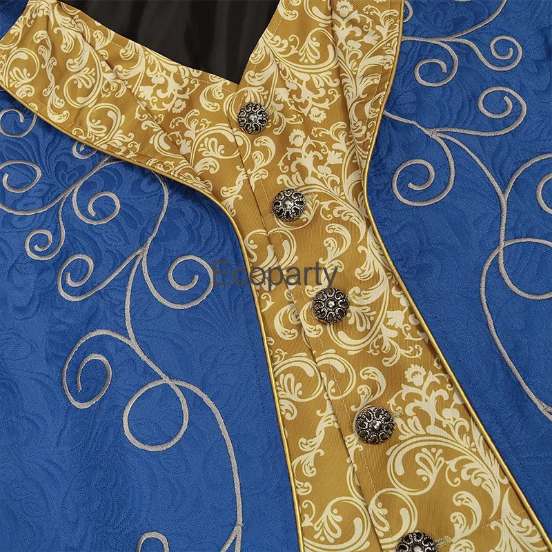 Mens Medieval Victorian Tuxedo Jacket Blue Jacquard Fabric Steampunk Prince Cosplay Costume Halloween Party Renaissance Overcoat