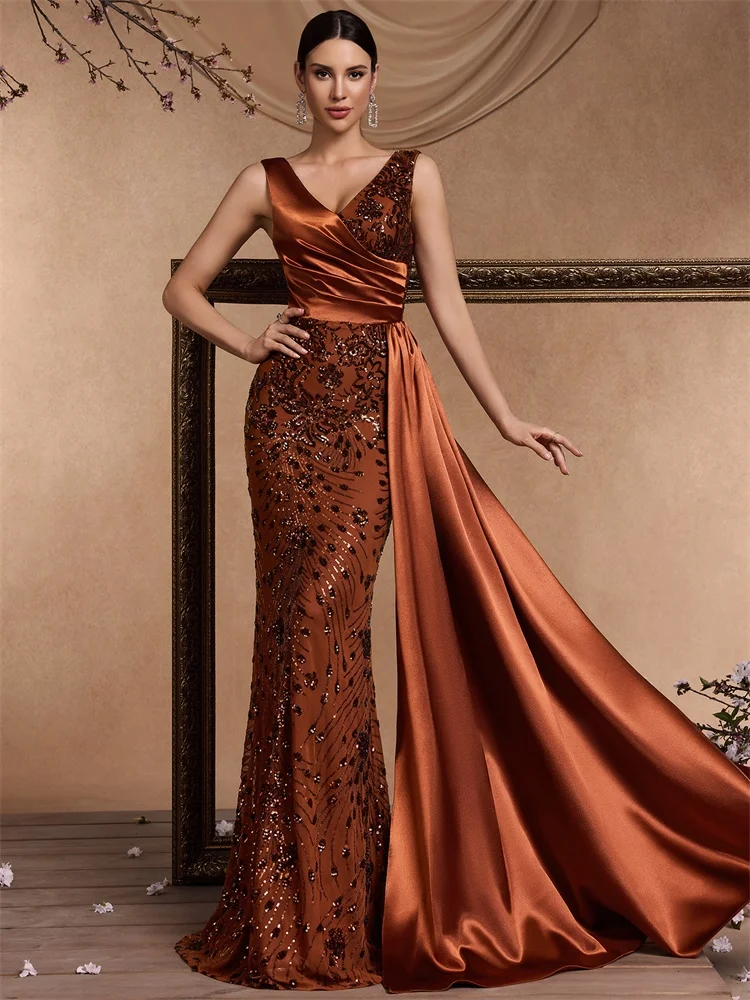 XUIBOL Elegant V-neck Splice Sequins Evening Dress Women Sleeveless Mermaid Formal Luxury Party Streamer Prom Cocktail Gown image 3