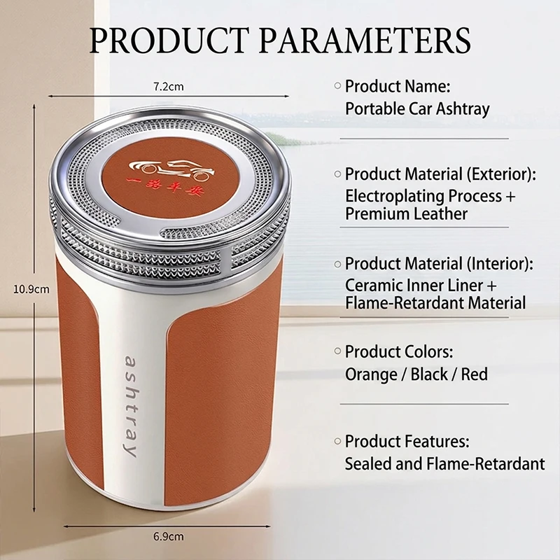 Car Ashtray with Leather Surface and Ceramic Inner Liner, Luxury Sealed Design to Prevent Odor and Ash Dispersion