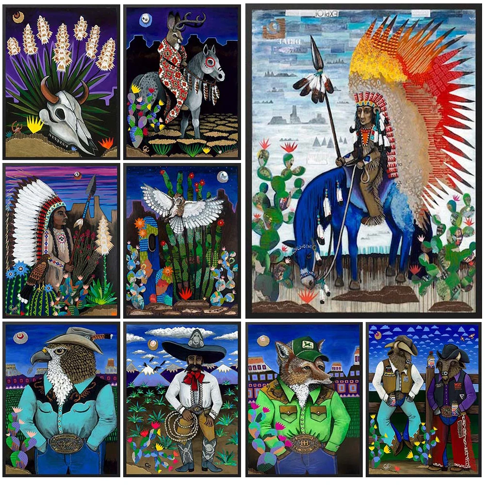 

Funny Animals Chief Feather Headdress Primitive Tribes Poster Wall Pictures For Living Room Wall Art Canvas Painting Unframed