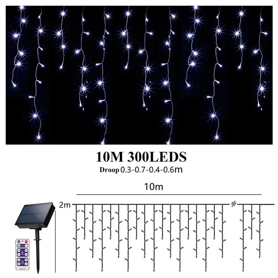 Guirlande solaire à 300 LED avec télécommande, 10M, lumière scintillante, pour l'extérieur, rideau, pour noël, mariage, jardin