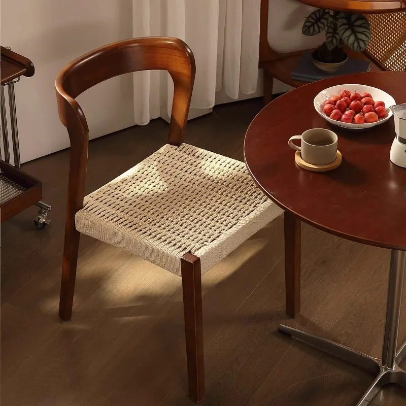 Solid wood dining chair retro wind comb makeup stool rattan woven backrest can be stacked