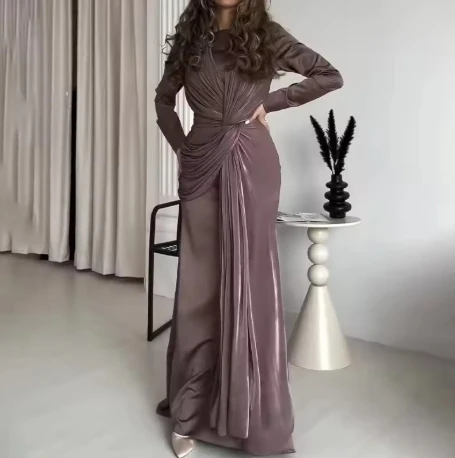 Elegante O-hals Mode Tie-up Hoge Taille Slanke Feestjurk Dames Effen Kleur Rimpels Dame Chique Avondjurk 2025, Dameskleding