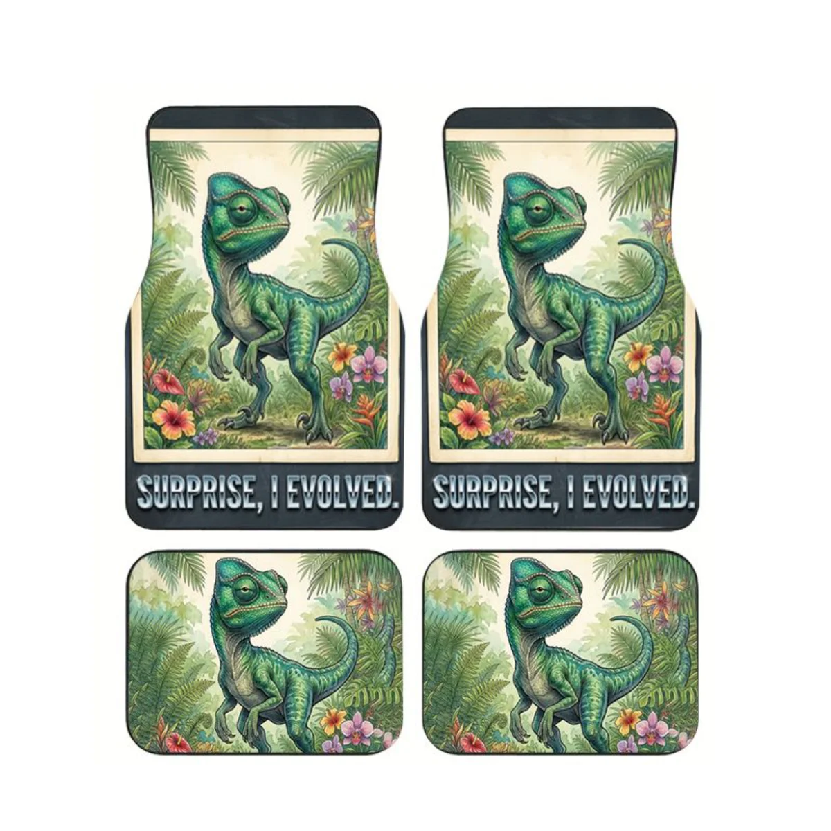 Lot de 4 tapis de sol de voiture amusants et antidérapants, motif dinosaure caméléon 'I Evolved', thème jungle, accessoires intérieurs pour SUV