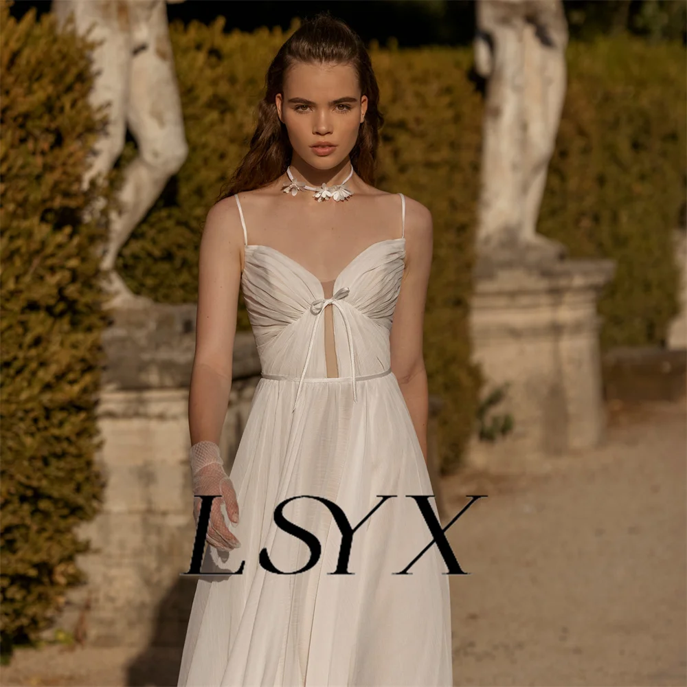 LSYX vestido de novia de gasa con cuello en V recortado, tirantes finos, cremallera trasera, línea A, tren de barrido, vestido de novia hecho a medida